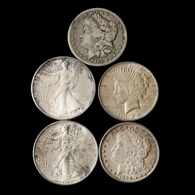 two-morgan-dollars-a-peace-dollar-and-two-american-silver-eagles