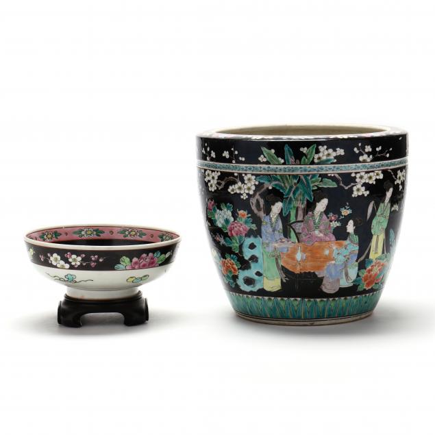 chinese-famille-noire-porcelain-jardiniere-and-bowl