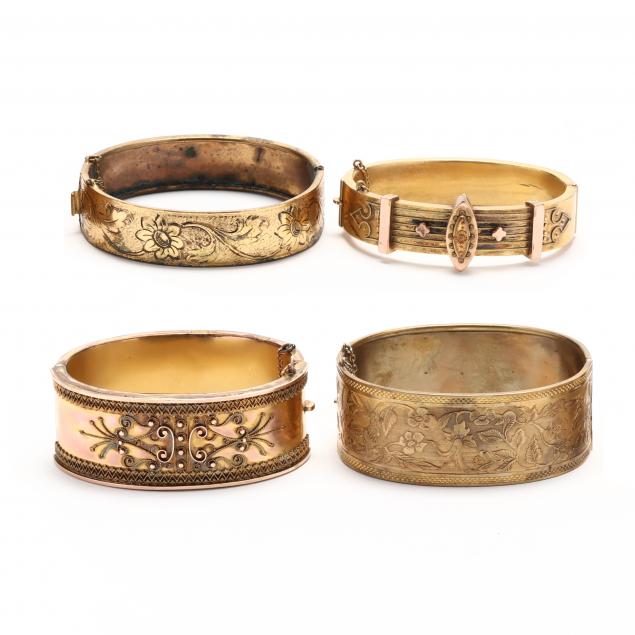 four-antique-gold-plated-and-gold-filled-bangle-bracelets