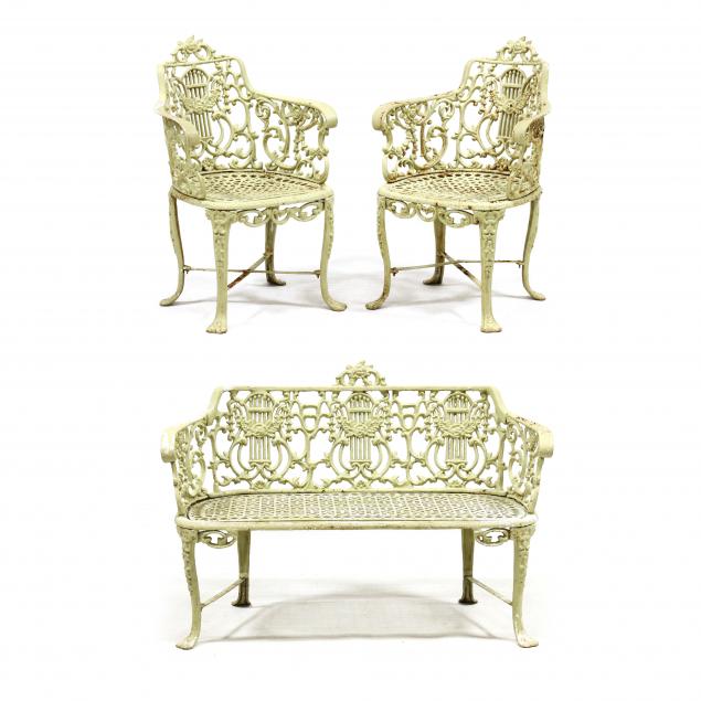 attributed-to-robert-wood-cast-iron-bench-and-pair-of-chairs