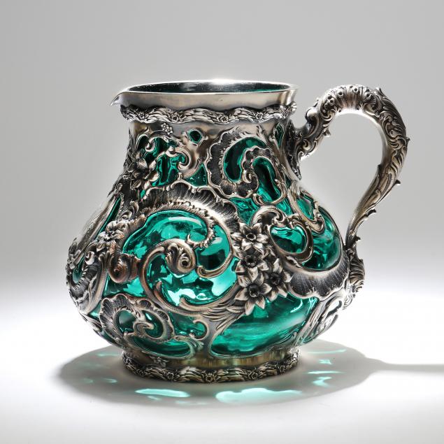 a-whiting-sterling-silver-overlay-water-pitcher-with-emerald-glass