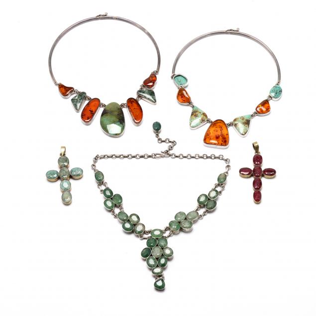 three-silver-and-gem-set-necklaces-and-two-cross-pendants