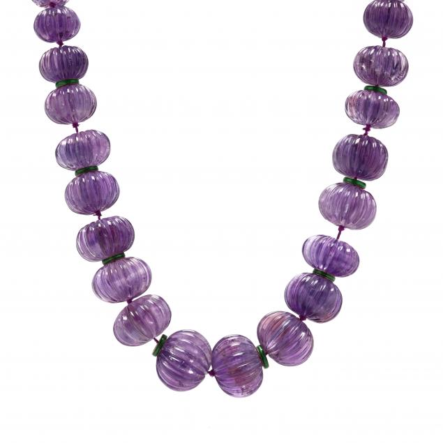 carved-amethyst-bead-and-gold-and-enamel-necklace