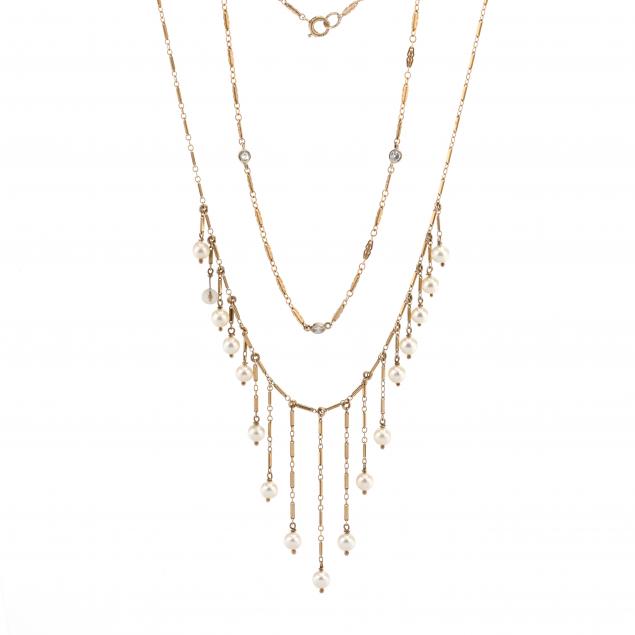 a-gold-and-diamond-station-necklace-and-a-gold-and-pearl-fringe-necklace