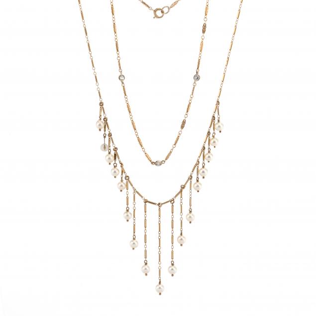 a-gold-and-diamond-station-necklace-and-a-gold-and-pearl-fringe-necklace