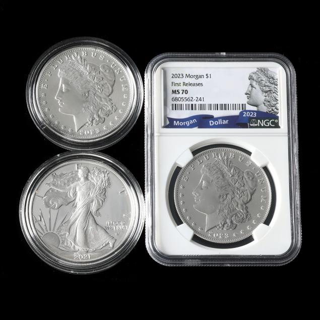 two-2023-uncirculated-morgan-silver-dollars-and-a-2021-t-2-american-eagle