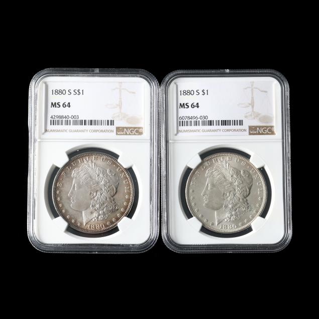 two-1880-s-morgan-silver-dollars-ngc-graded-ms64
