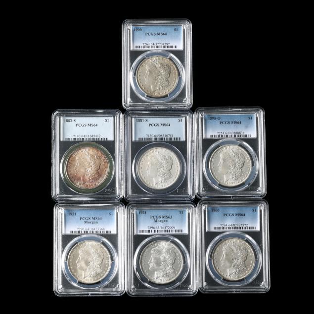 seven-pcgs-graded-morgan-silver-dollars