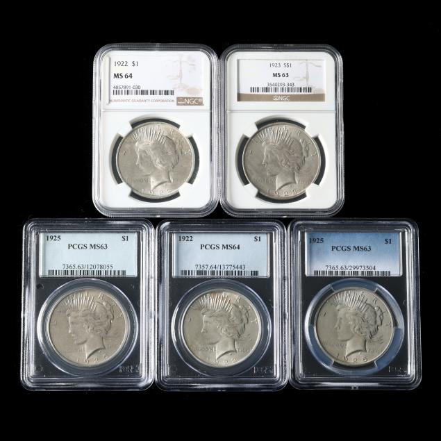three-pcgs-peace-dollars-and-two-ngc-peace-dollars