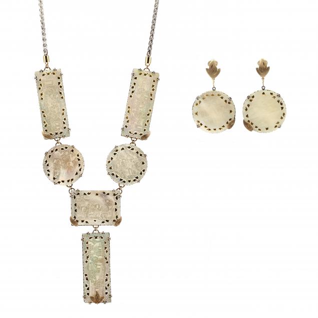 silver-and-gold-mother-of-pearl-chinese-gaming-chip-necklace-and-earrings