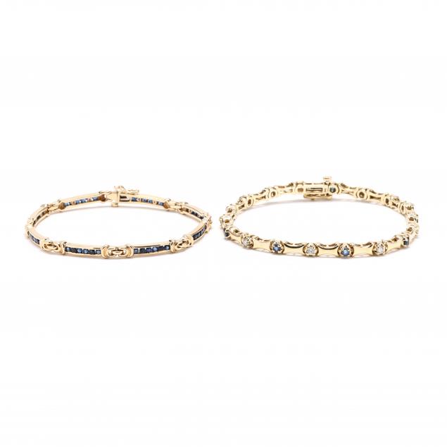 two-gold-and-gem-set-line-bracelets