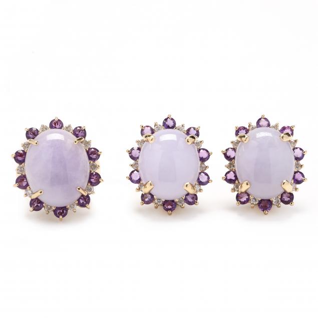 gold-lavender-jade-amethyst-and-diamond-ring-and-earrings