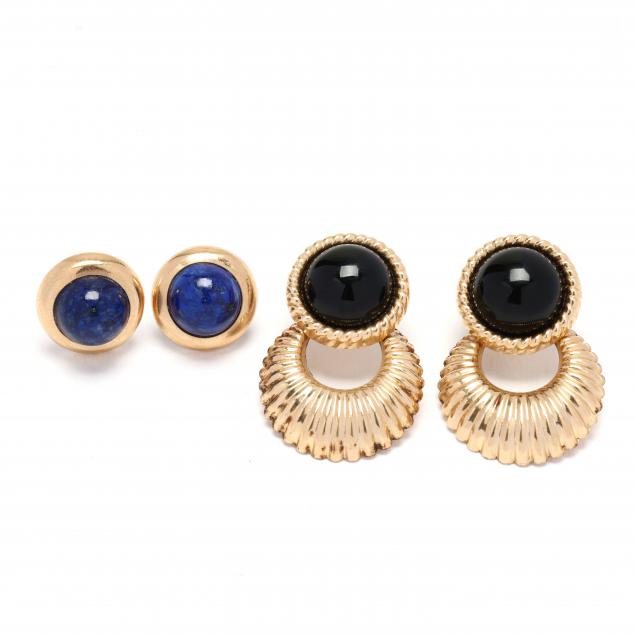 two-pairs-of-gold-and-gem-set-earrings-and-a-pair-of-gold-ear-jackets