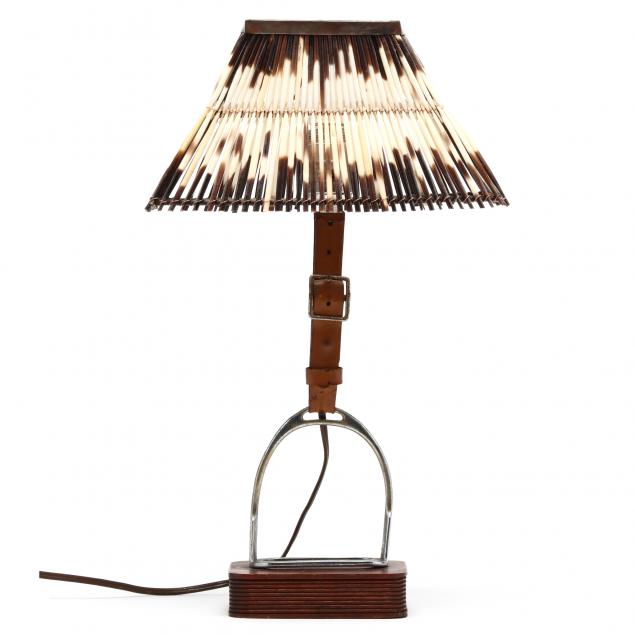 a-custom-porcupine-quill-and-stirrup-table-lamp