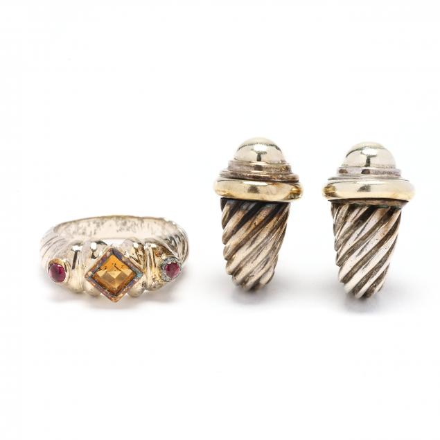 sterling-silver-and-gold-ring-and-earrings-david-yurman