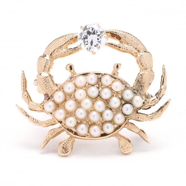 gold-diamond-and-pearl-crab-motif-brooch