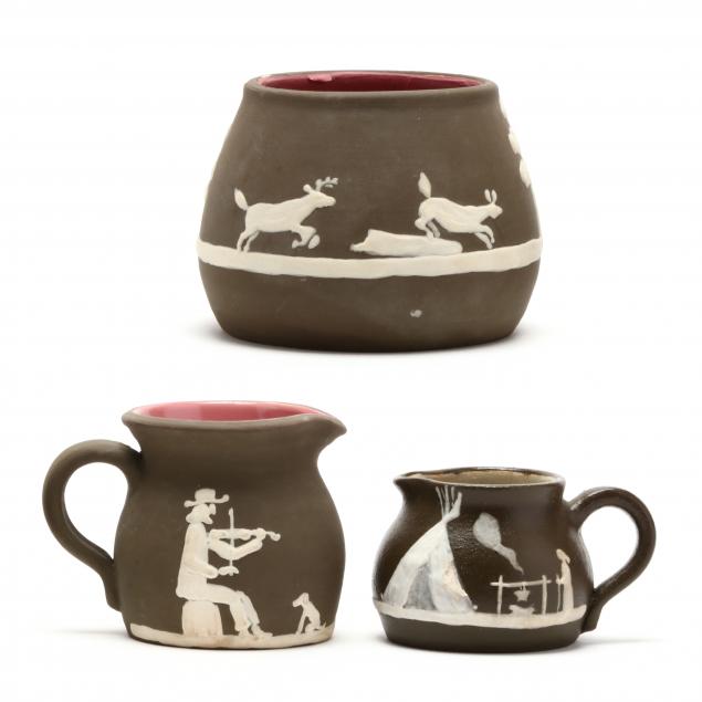 three-pisgah-forest-pottery-cameo-vessels
