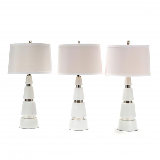 set-of-three-modern-white-marble-and-chrome-conical-lamps