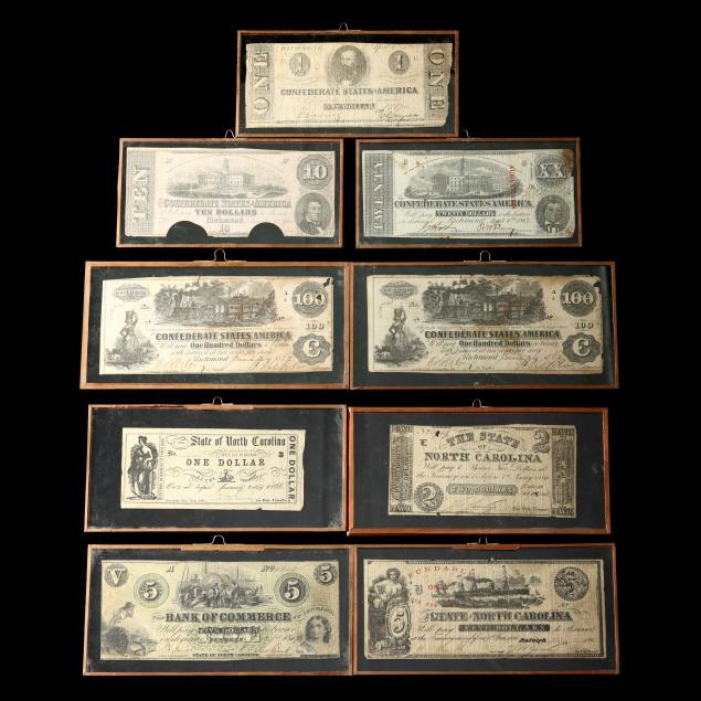 five-5-confederate-treasury-notes-and-four-4-north-carolina-bank-notes