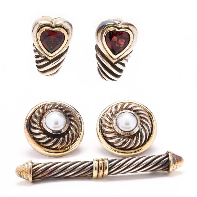 two-pairs-of-silver-and-gold-gem-set-earrings-and-a-bar-brooch-david-yurman