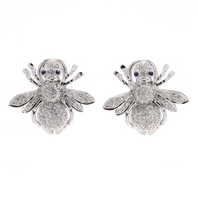 white-gold-diamond-and-sapphire-bee-motif-earrings