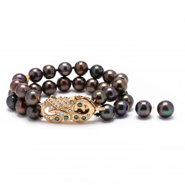 tahitian-pearl-bracelet-with-gold-and-gem-set-clasp-and-tahitian-pearl-ear-studs