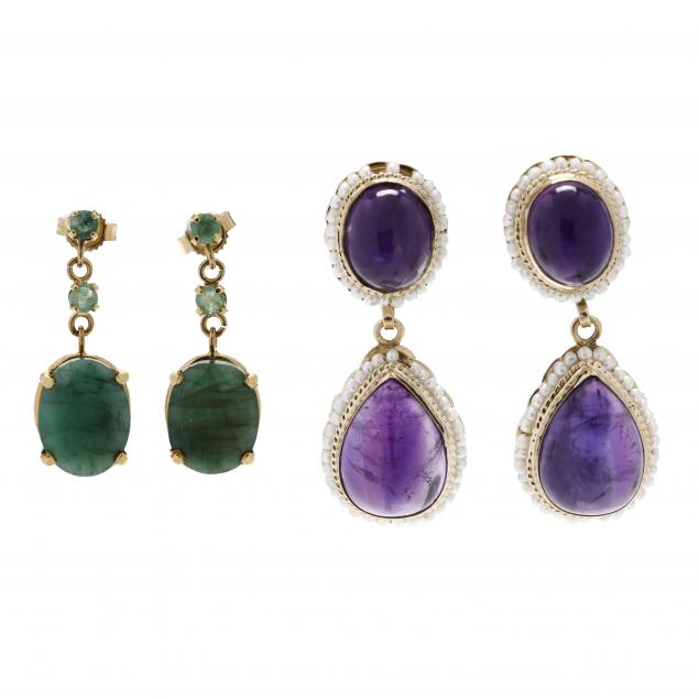 two-pairs-of-gold-and-gem-set-earrings