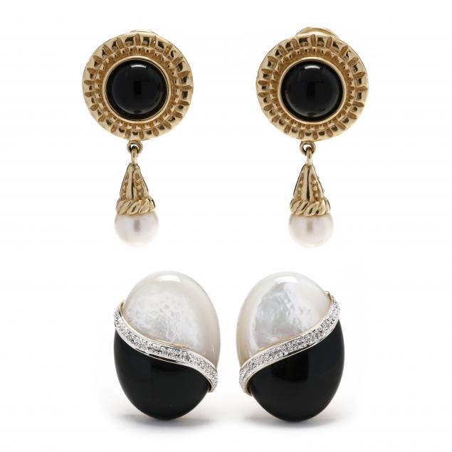 two-pairs-of-gold-onyx-and-pearl-earrings