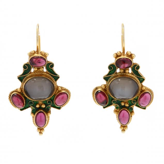 gold-moonstone-tourmaline-and-enamel-earrings