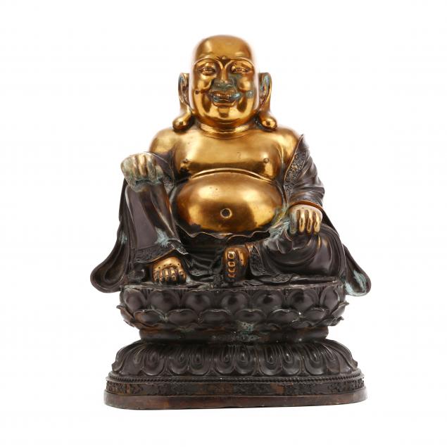 a-large-chinese-laughing-buddha-gilt-bronze-sculpture