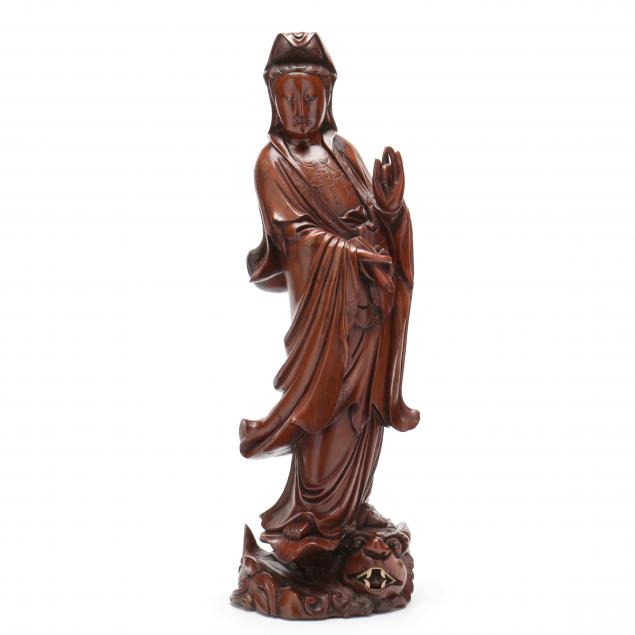 a-tall-chinese-carved-wood-sculpture-of-guanyin