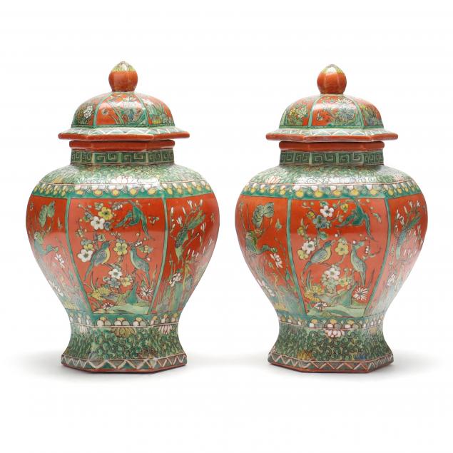 pair-of-chinese-famille-verte-hexagonal-temple-jars
