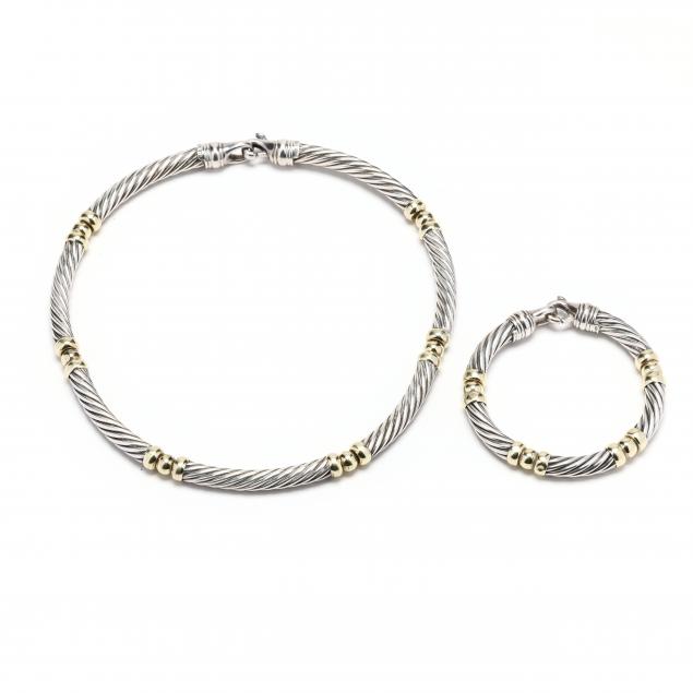 sterling-silver-and-gold-choker-necklace-and-bracelet-david-yurman