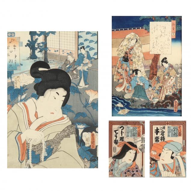 a-group-of-three-japanese-woodblock-prints-and-book-on-utamaro