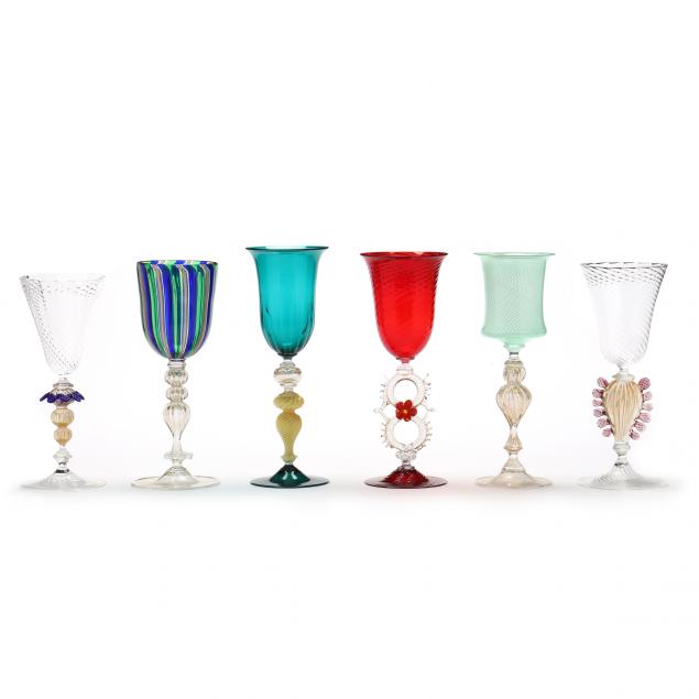 six-assorted-fine-venetian-art-glass-goblets