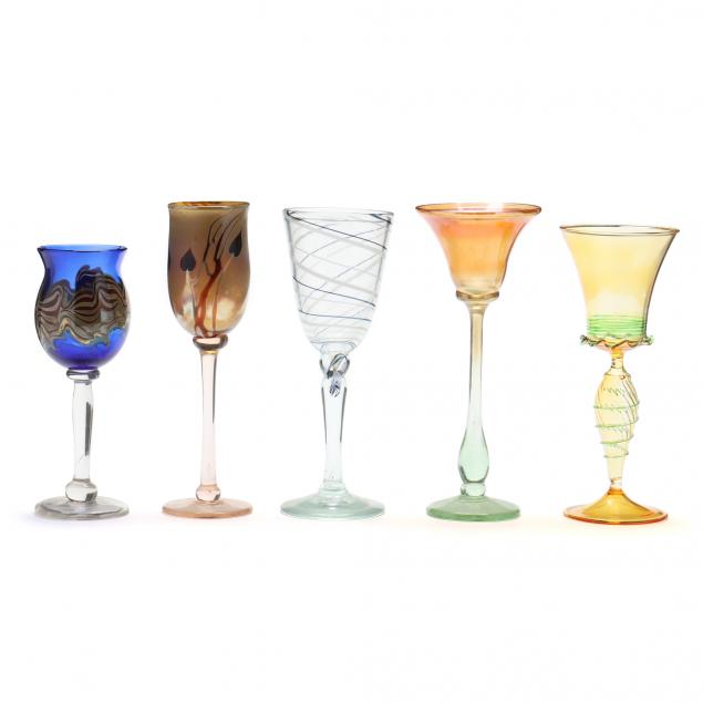 five-assorted-art-glass-goblets