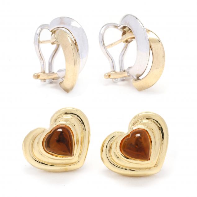 a-pair-of-gold-and-citrine-earrings-and-a-pair-of-bi-color-gold-earrings