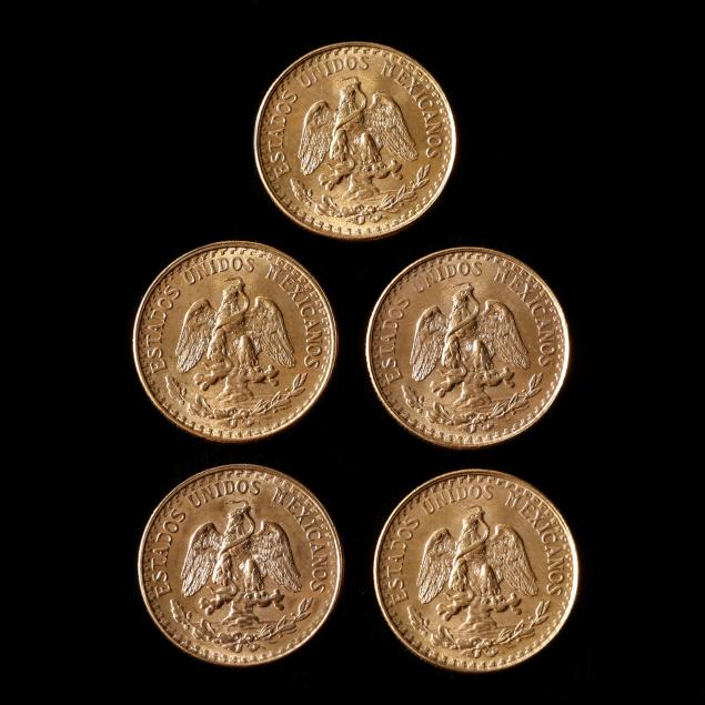 mexico-five-5-uncirculated-gold-two-peso-coins-dated-1945