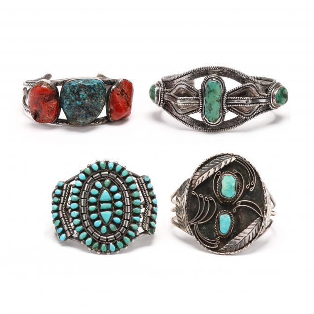 four-wide-southwestern-silver-and-gem-set-cuff-bracelets