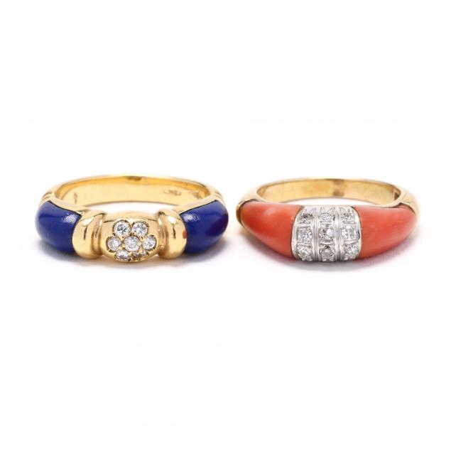 a-gold-lapis-and-diamond-ring-and-a-gold-coral-and-diamond-ring