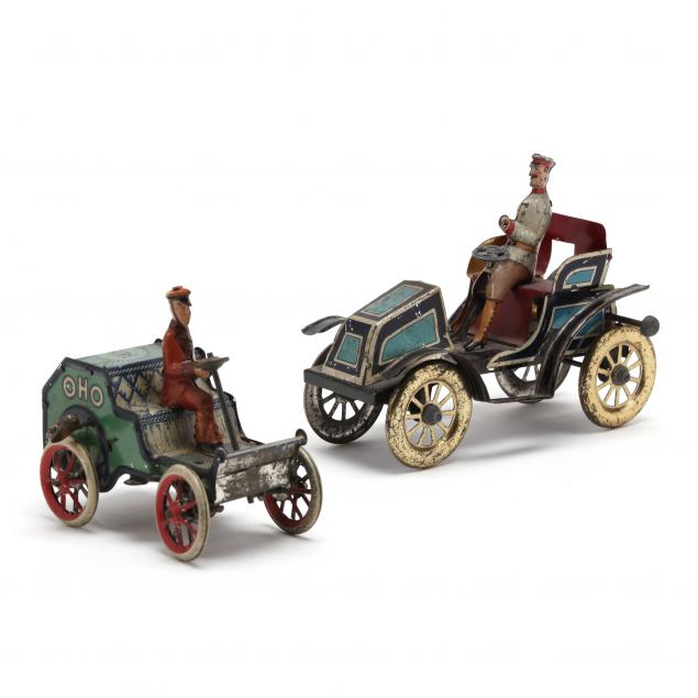 two-antique-german-tin-litho-wind-up-cars