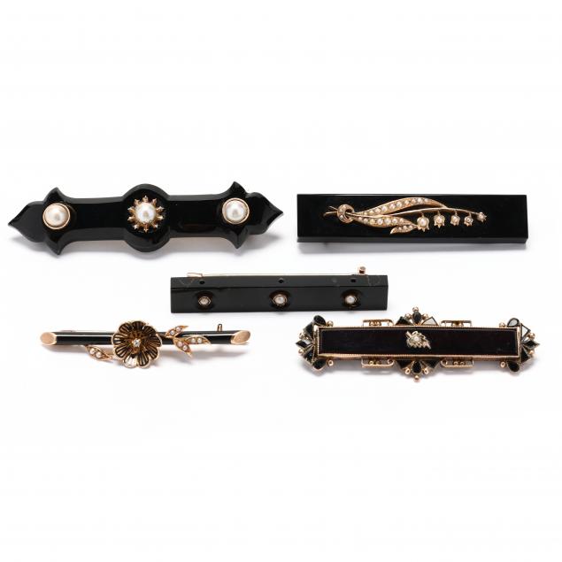 five-antique-black-onyx-and-pearl-bar-brooches