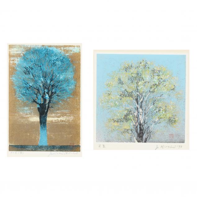 joichi-hoshi-japanese-1913-1979-two-woodblock-prints-of-trees
