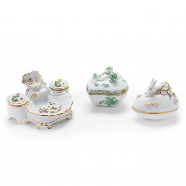 group-of-herend-porcelain-including-i-rothschild-bird-i-inkwell-and-lidded-trinket-boxes
