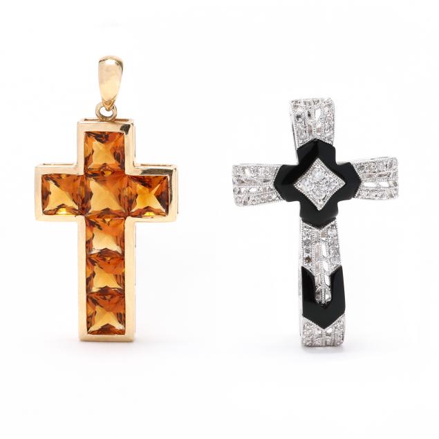 two-gold-and-gem-set-cross-pendants