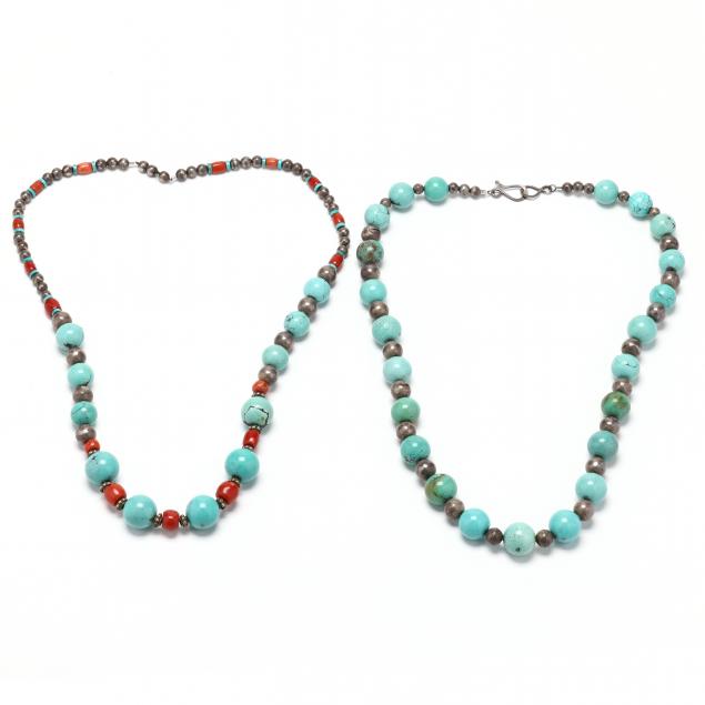 a-turquoise-and-silver-necklace-and-a-turquoise-coral-and-silver-necklace