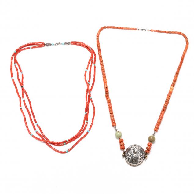 two-coral-turquoise-and-silver-necklaces