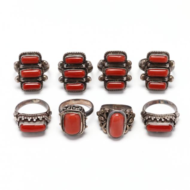 eight-silver-and-coral-rings