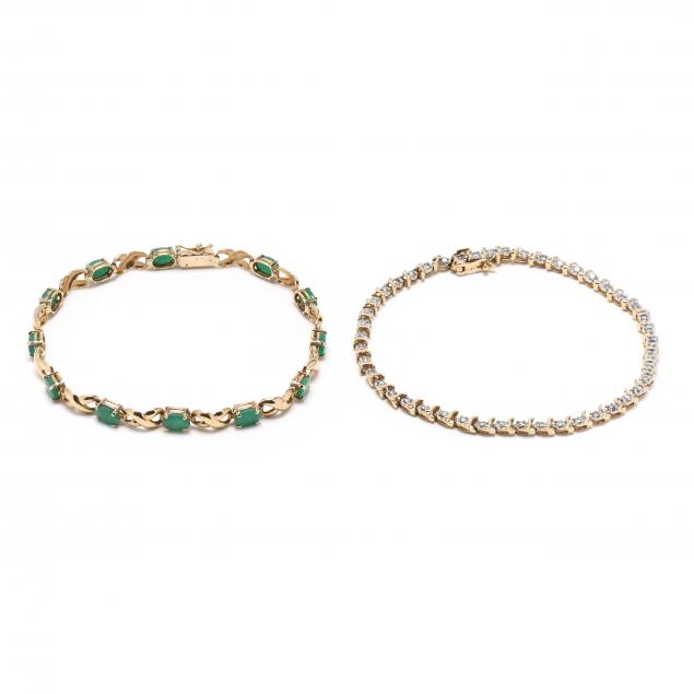 two-gold-and-gem-set-line-bracelets