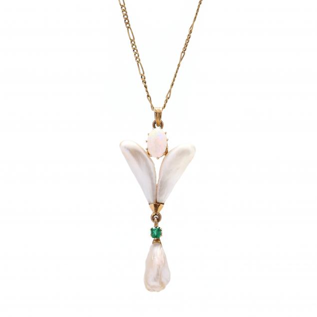freshwater-pearl-opal-and-emerald-pendant-necklace